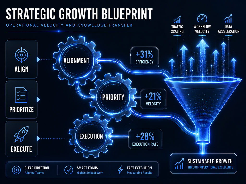 The strategic growth blueprint symbolizes what is needed to succeed and in which order the strategy must be executed.