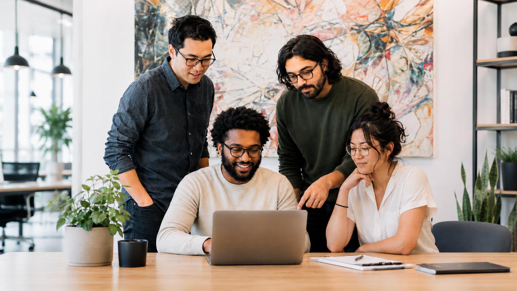 A team of seo content specialists in a meeting about content on a new client website